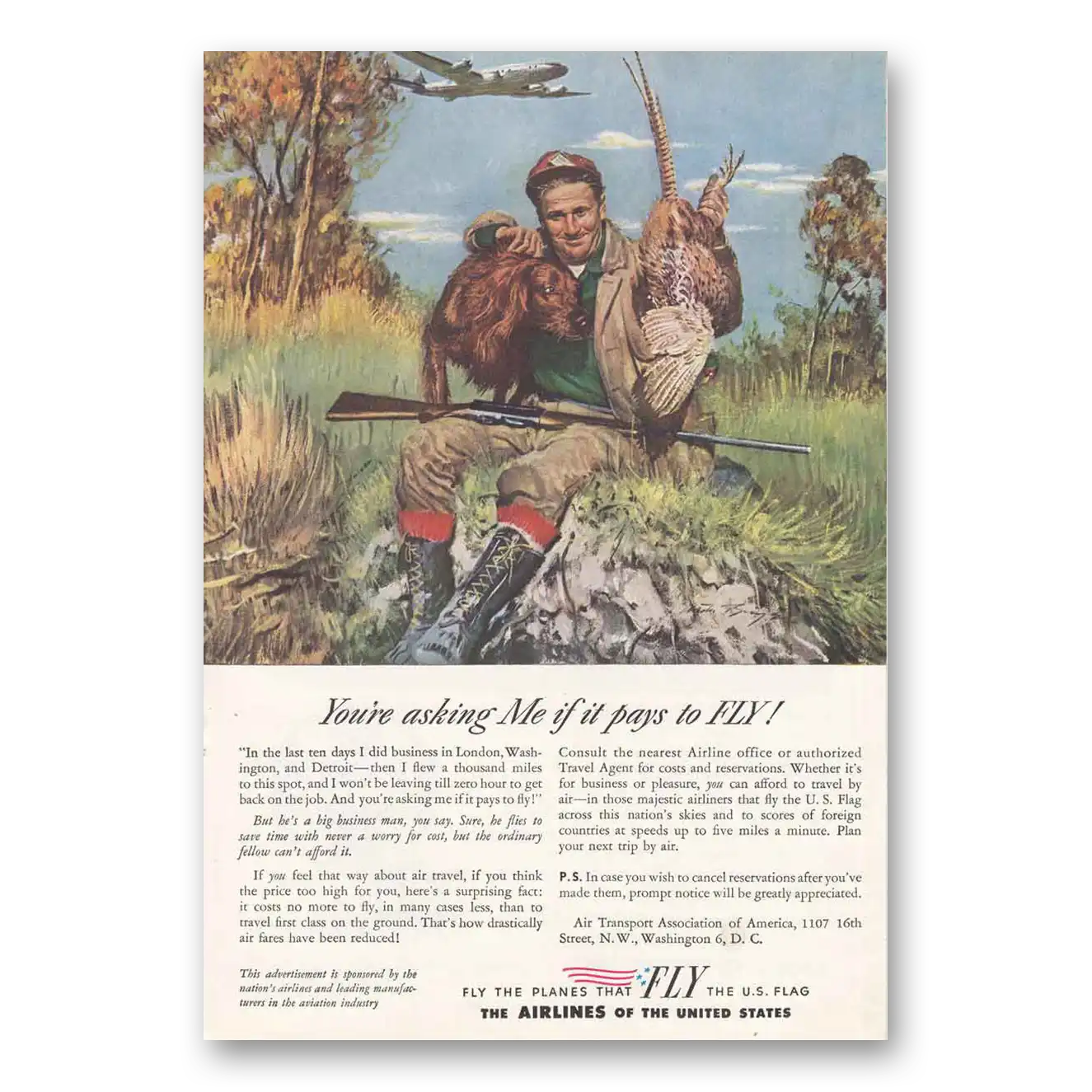 1945 Air Transport Association Asking Me If It Pays to Fly Hunter Vintage Magazine Print Ad