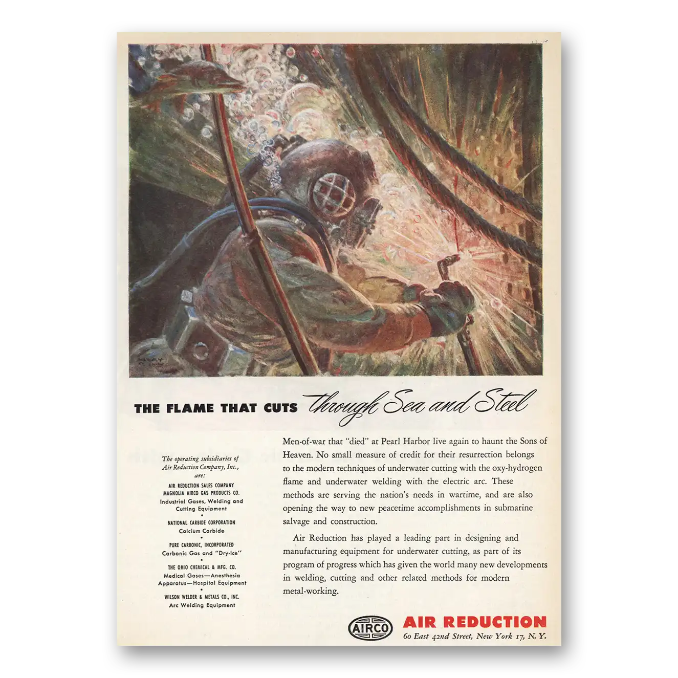 1945 Air Reduction Airco Flame That Cuts Through Sea and Steel Vintage Magazine Print Ad