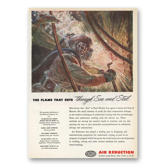 1945 Air Reduction Airco Flame That Cuts Through Sea and Steel Vintage Magazine Print Ad