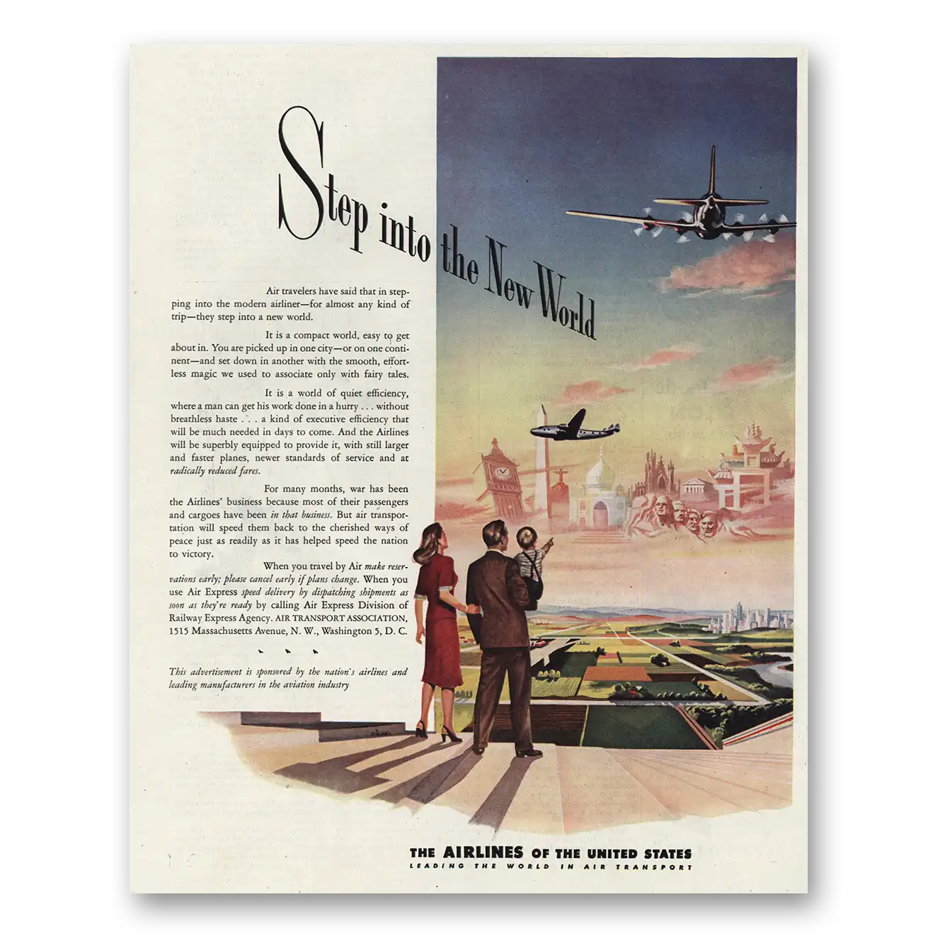 1945 Airlines of the United States Step Into New World Vintage Magazine Print Ad