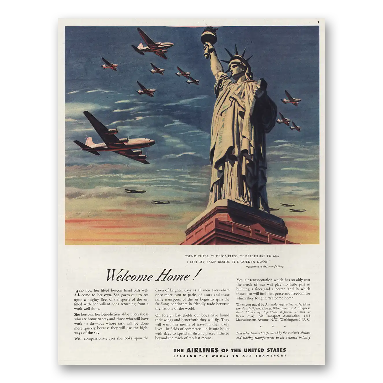 1945 Airlines of the United States Welcome Home Vintage Magazine Print Ad