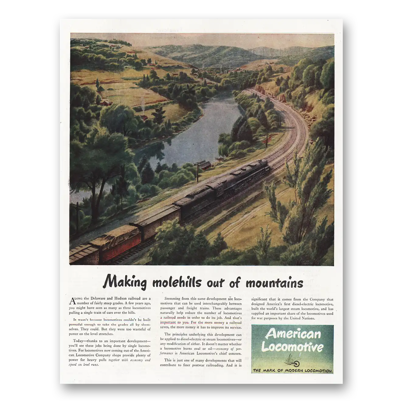 1945 American Locomotive Making Molehills Out of Mountains Vintage Magazine Print Ad