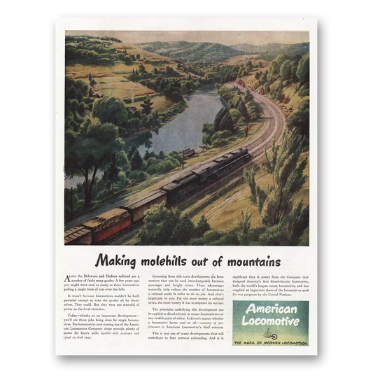 1945 American Locomotive Making Molehills Out of Mountains Vintage Magazine Print Ad