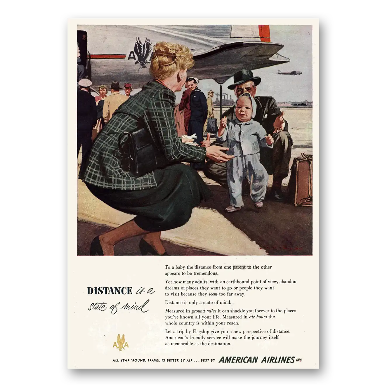 1945 American Airlines Distance Is a State of Mind Vintage Magazine Print Ad