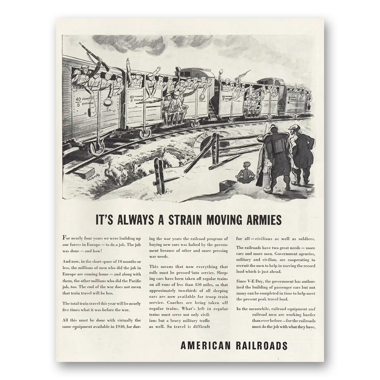 1945 American Railroads Always a Strain Moving Armies Vintage Magazine Print Ad