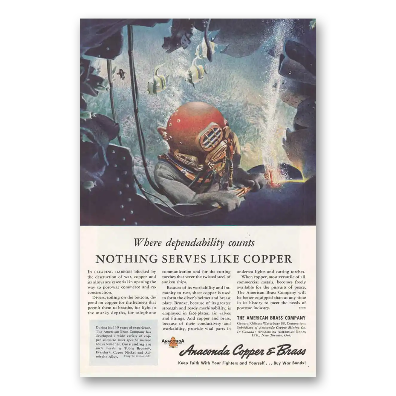 1945 Anaconda Nothing Serves Like Copper Vintage Magazine Print Ad