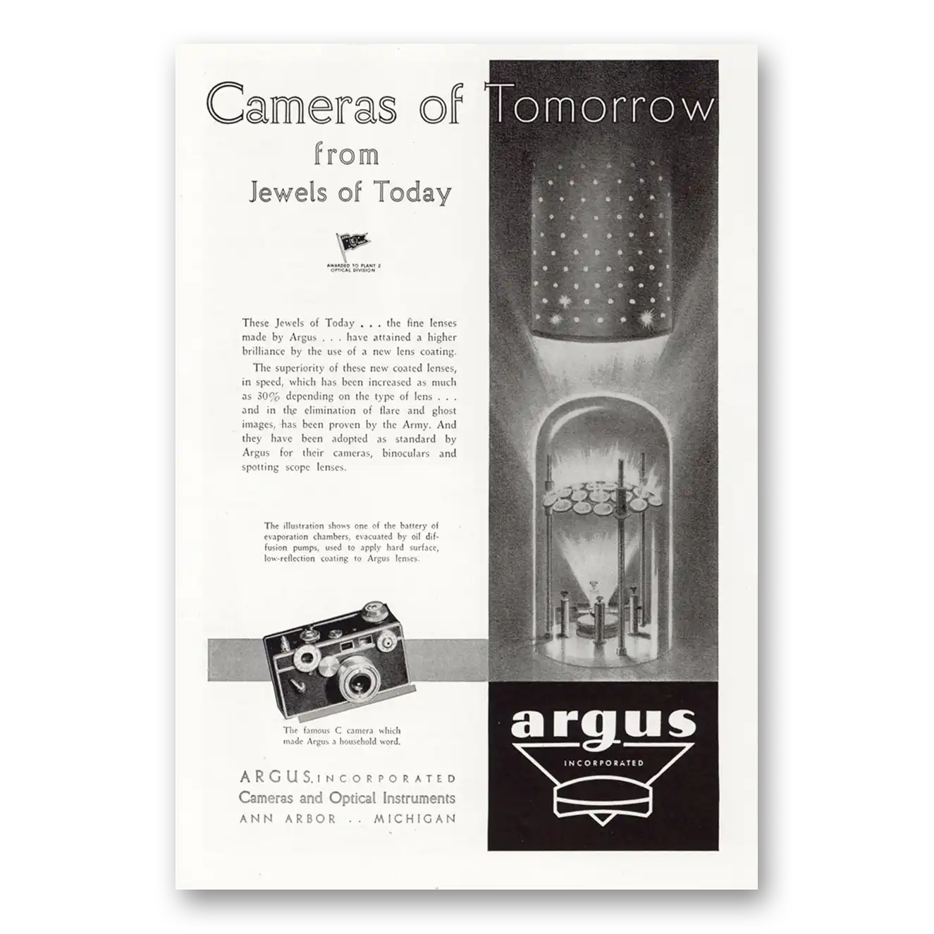 1945 Argus Camera Cameras of Tomorrow From Jewels of Today Vintage Magazine Print Ad