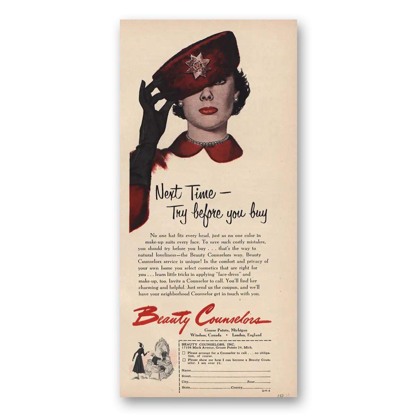 1945 Beauty Counselors Try Before You Buy Vintage Magazine Print Ad