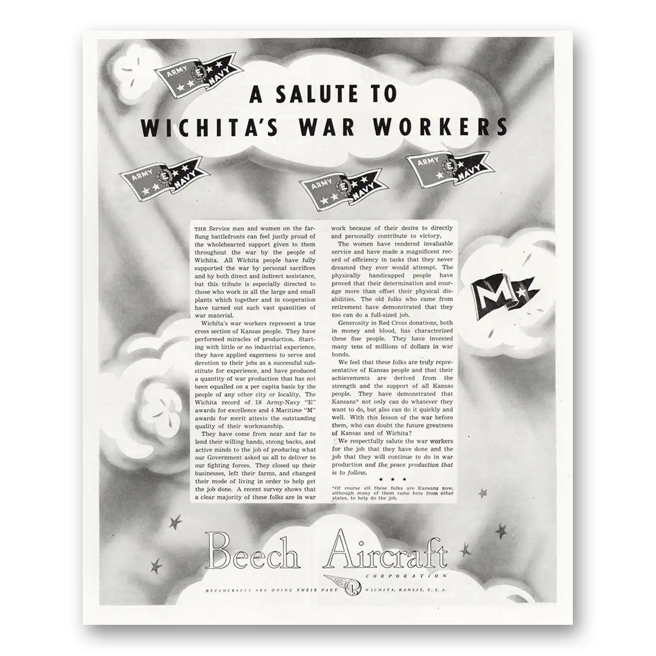 1945 Beechcraft Wichitas War Workers Vintage Magazine Print Ad