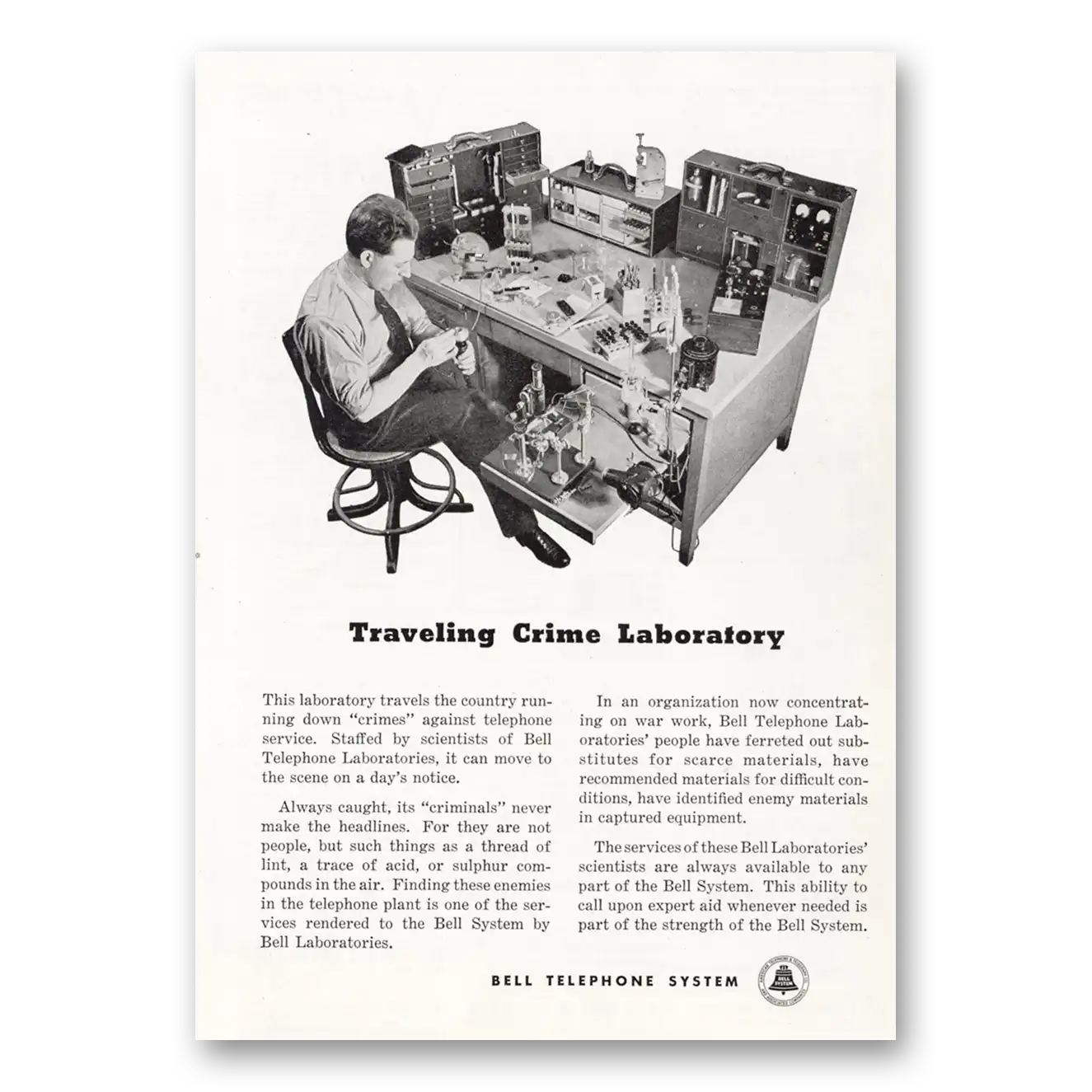 1945 Bell Telephone Traveling Crime Laboratory Vintage Magazine Print Ad