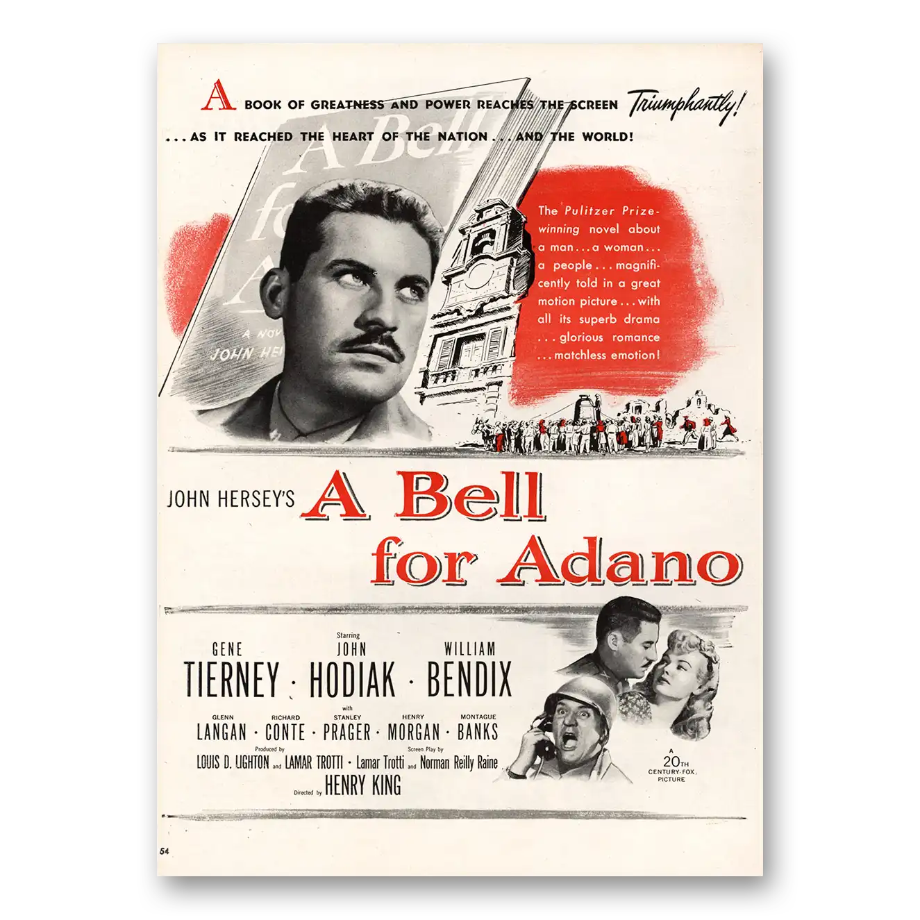 1945 A Bell for Adano Movie Promo Gene Tierney and John Kodiak Vintage Magazine Print Ad