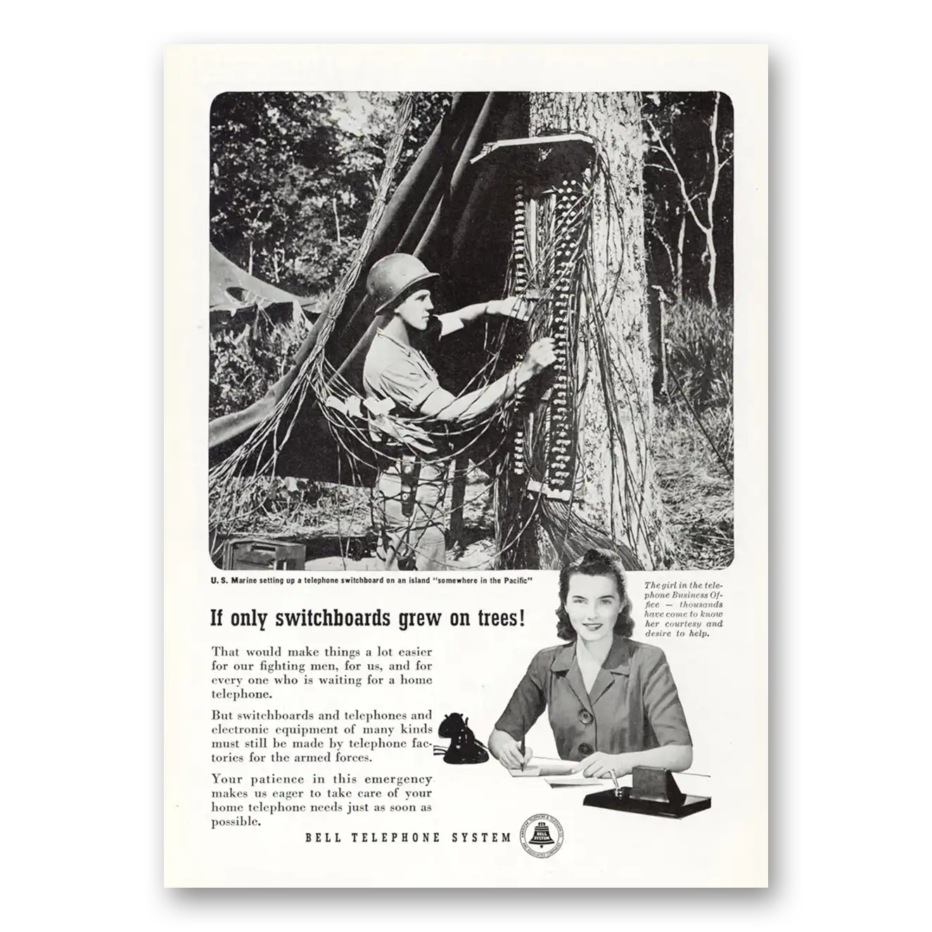 1945 Bell Telephone Only Switchboards Grew on Trees Vintage Magazine Print Ad