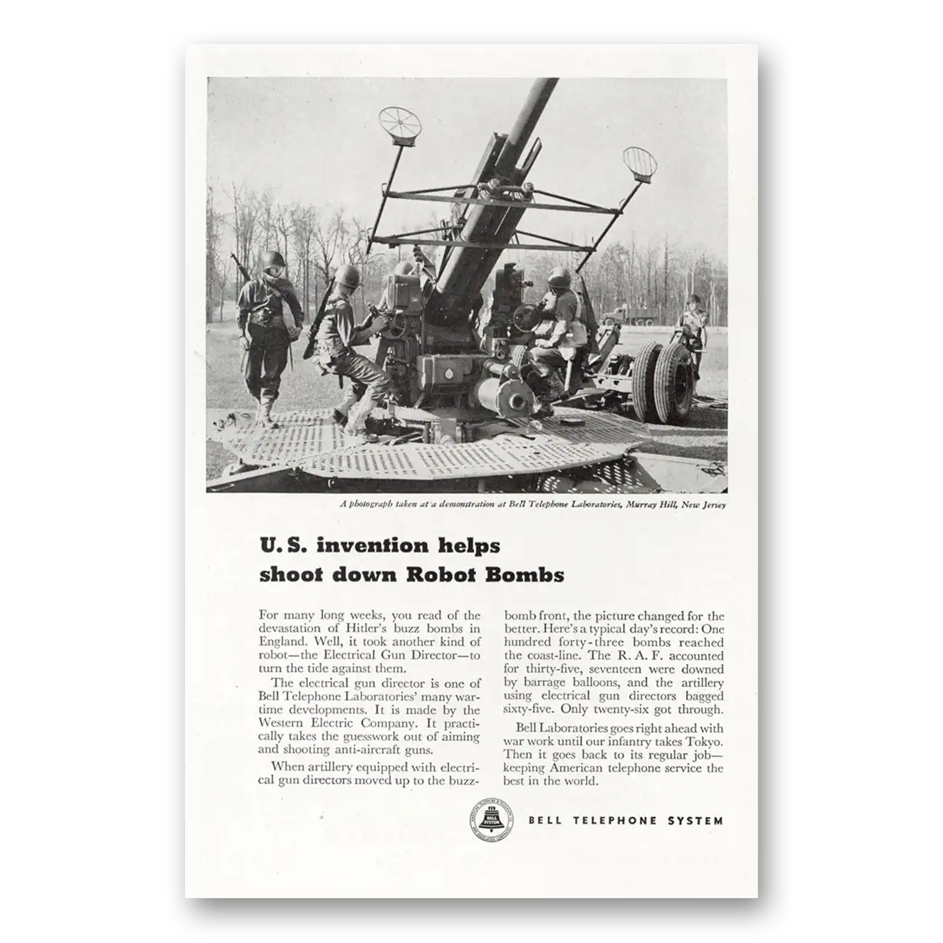 1945 Bell Telephone US Invention Helps Shoot Down Robot Bombs Vintage Magazine Print Ad