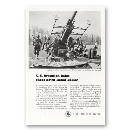 1945 Bell Telephone US Invention Helps Shoot Down Robot Bombs Vintage Magazine Print Ad