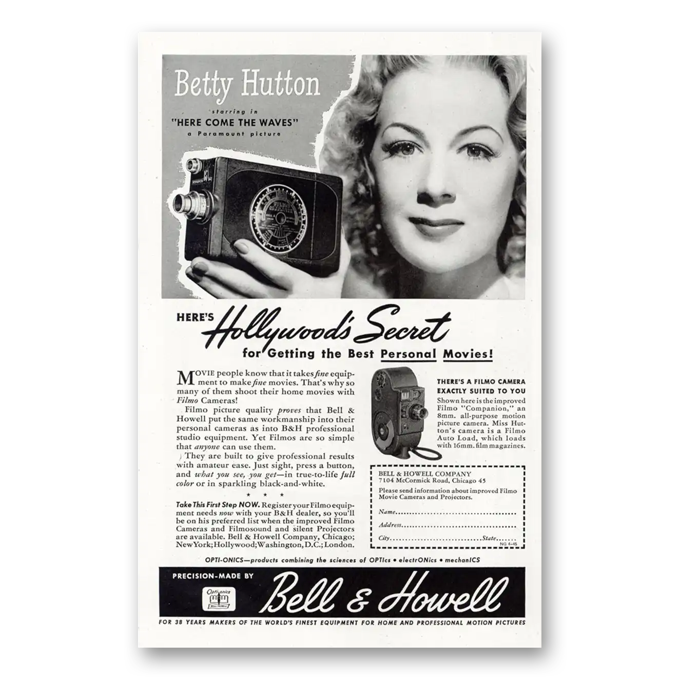 1945 Filmo Camera Betty Hutton Vintage Magazine Print Ad