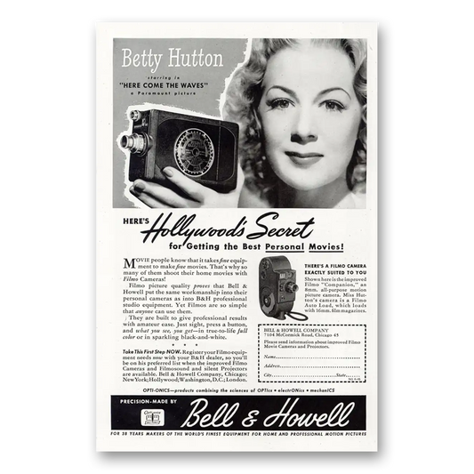 1945 Filmo Camera Betty Hutton Vintage Magazine Print Ad