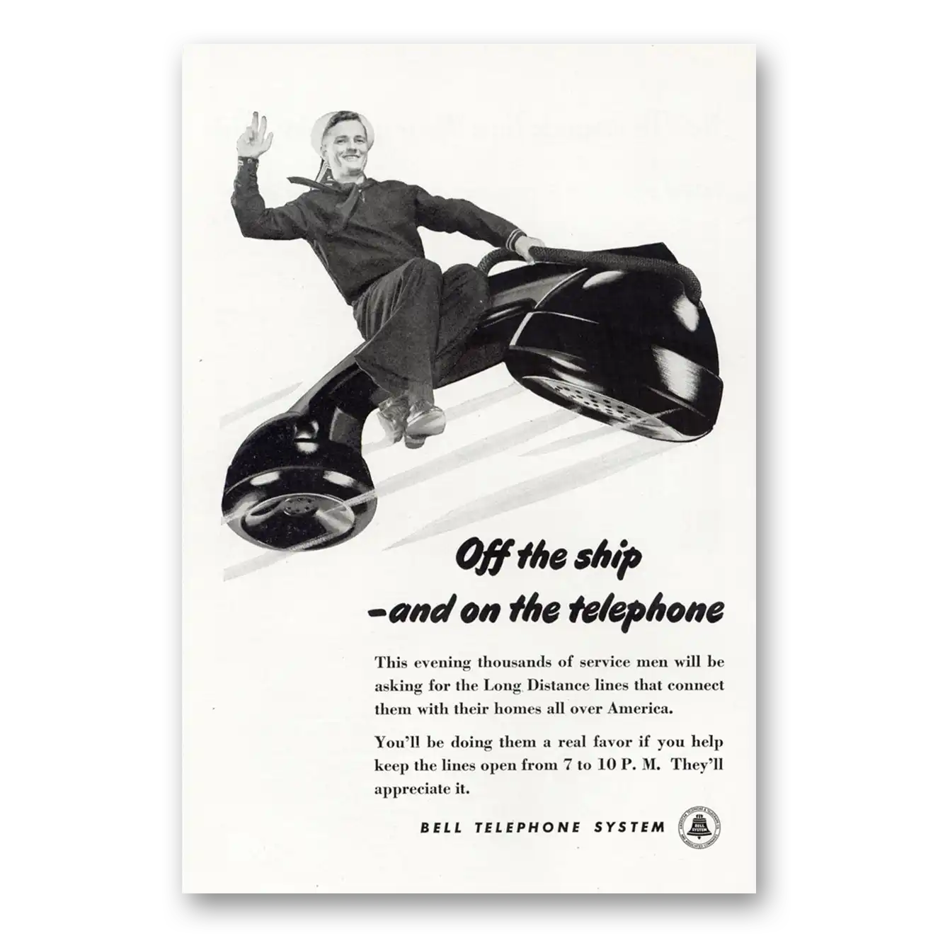 1945 Bell Telephone Off the Ship and On the Telephone Vintage Magazine Print Ad