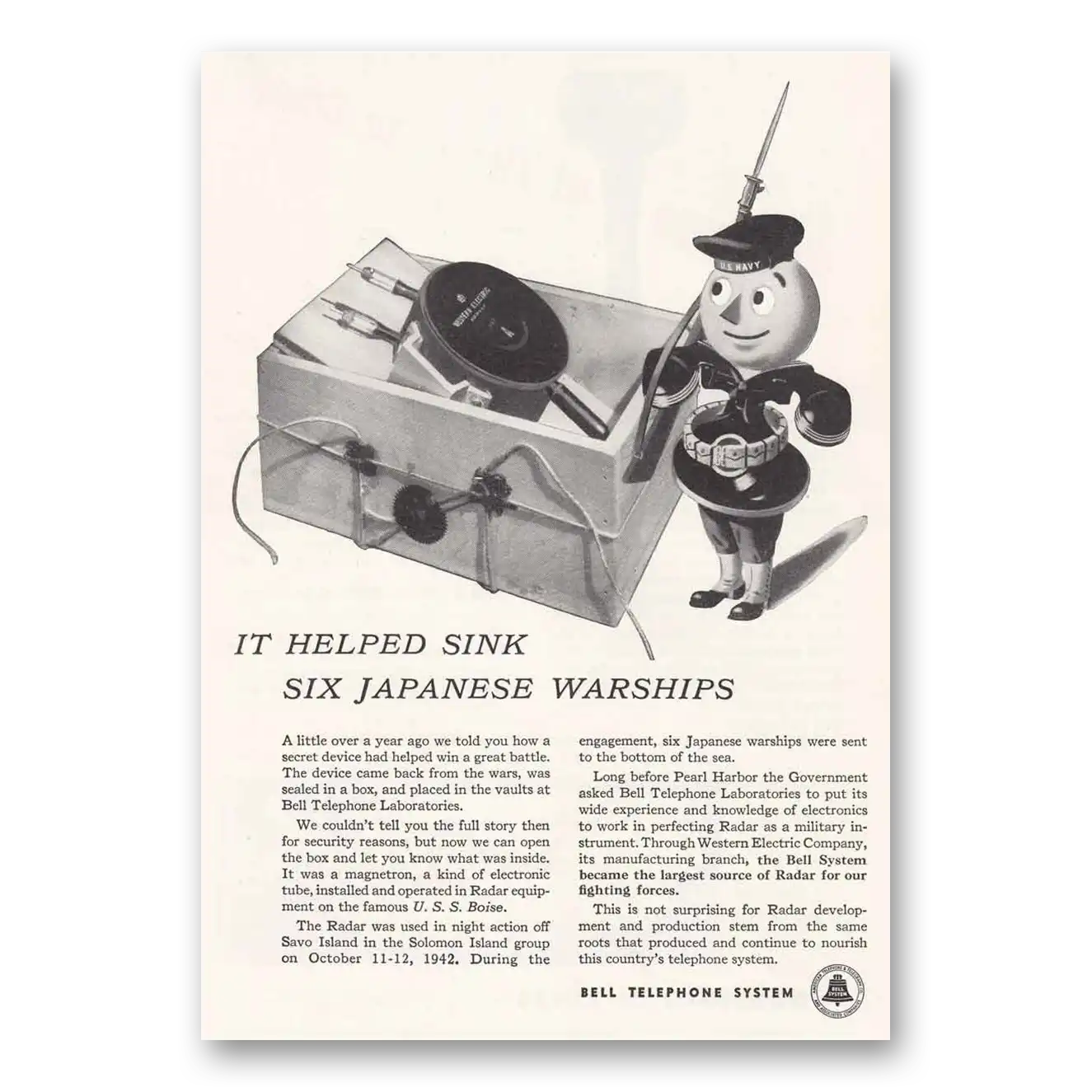 1945 Bell Telephone Helped Sink Six Japanese Warships Vintage Magazine Print Ad