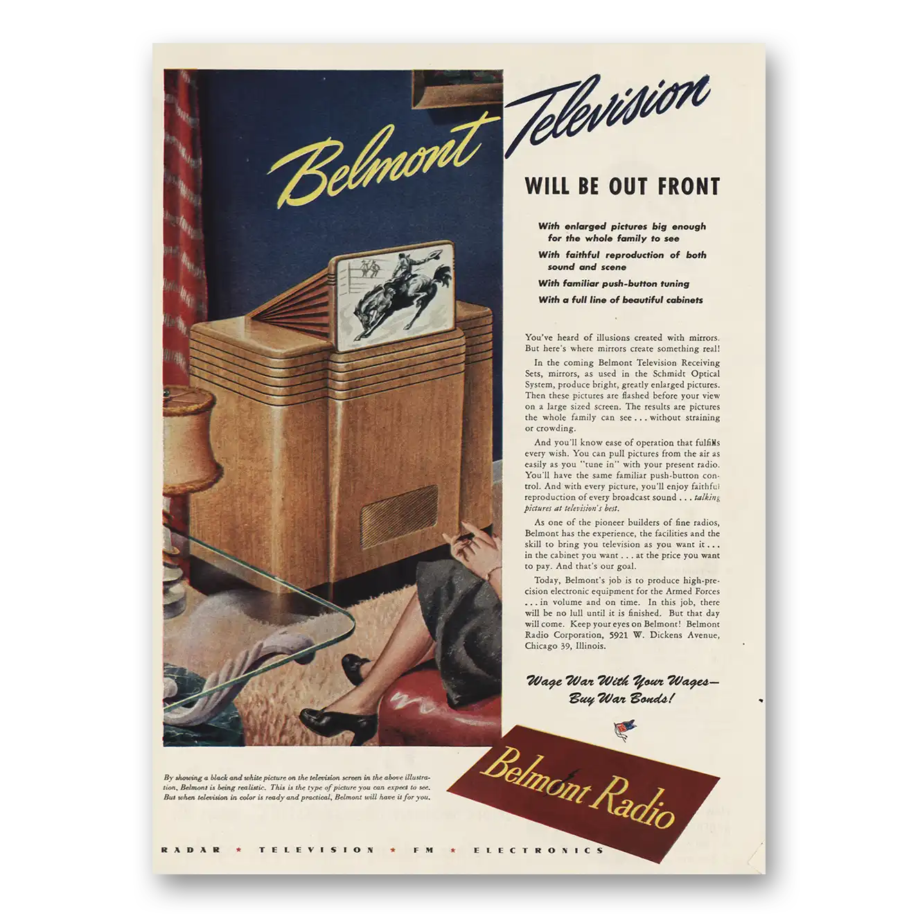 1945 Belmont Television Will Be Out Front Vintage Magazine Print Ad