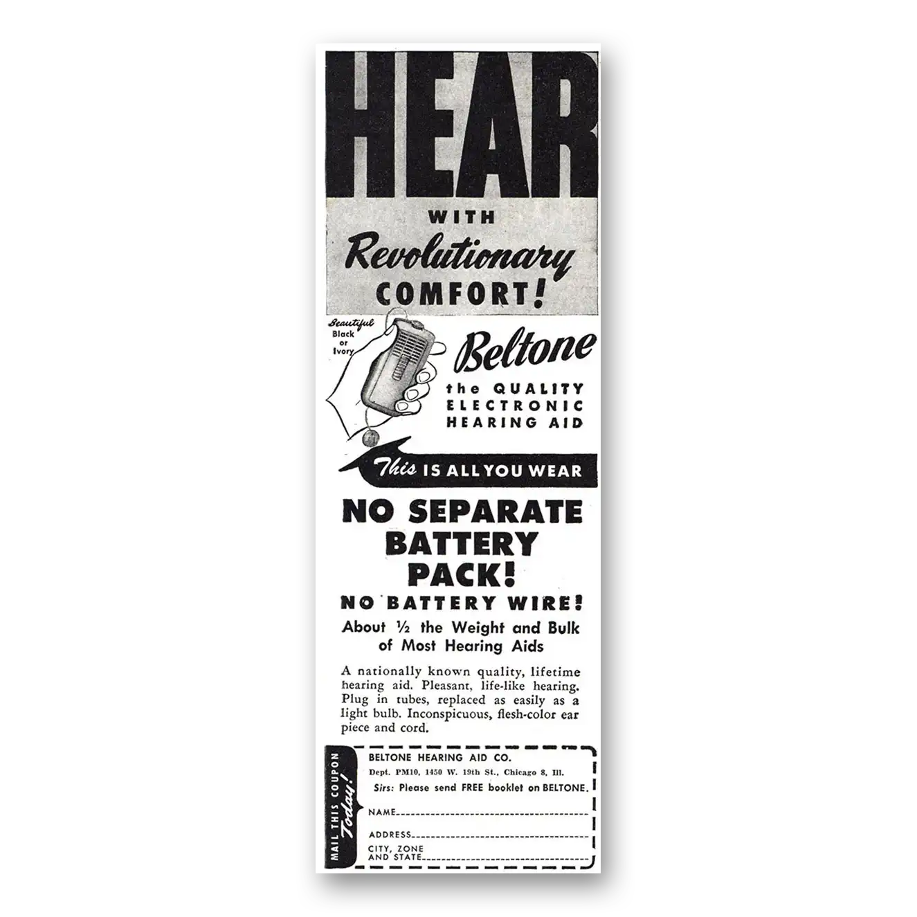 1945 Beltone Hearing Aid Revolutionary Comfort Vintage Magazine Print Ad