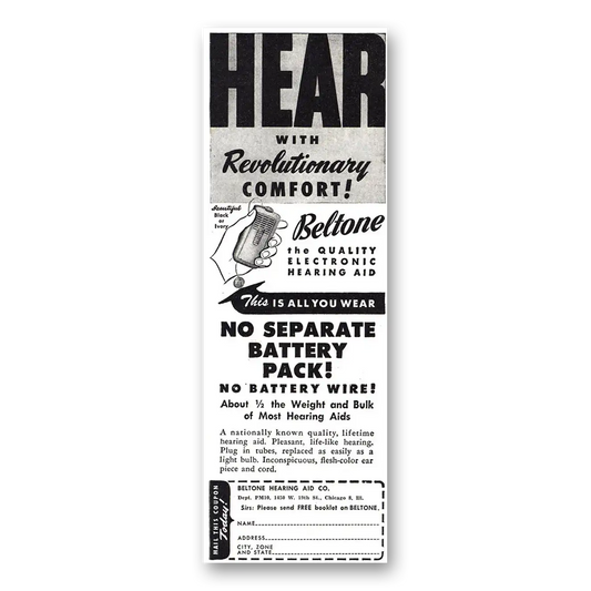 1945 Beltone Hearing Aid Revolutionary Comfort Vintage Magazine Print Ad