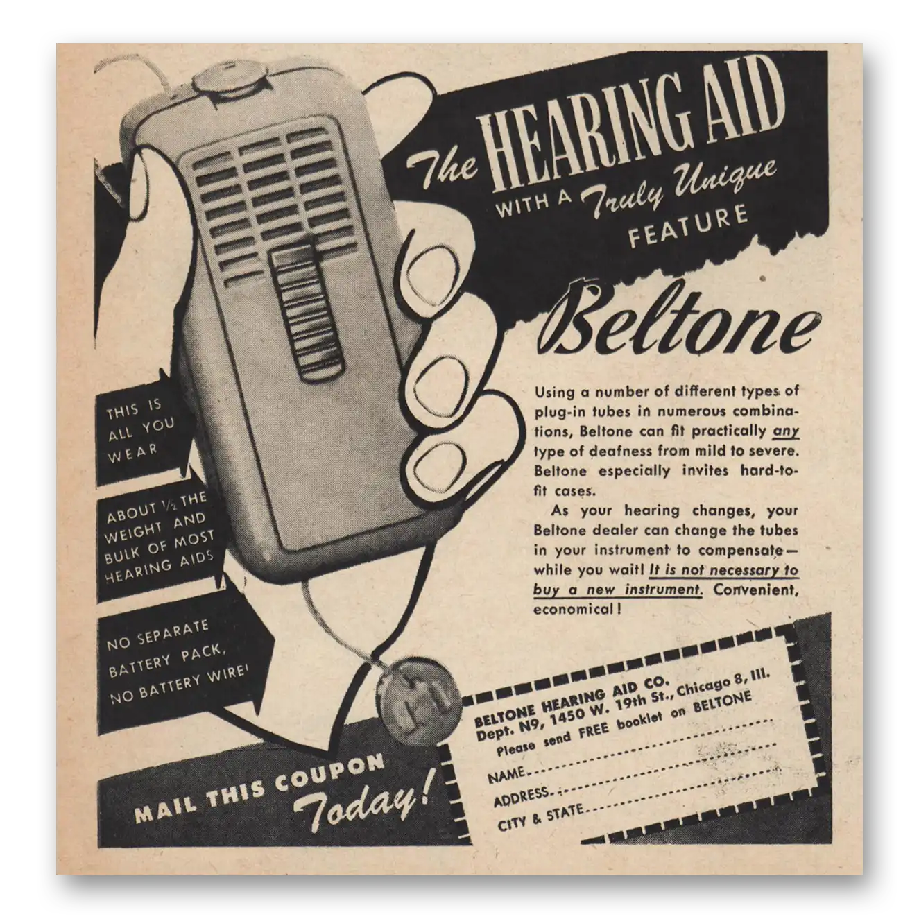 1945 Beltone Hearing Aid This Is All You Wear Vintage Magazine Print Ad