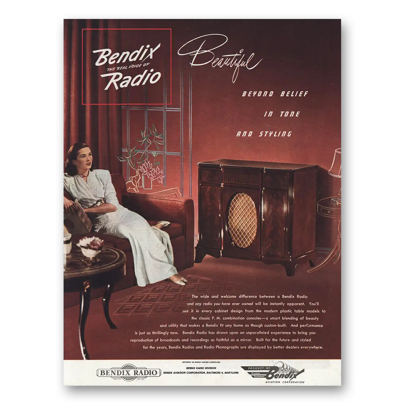 1945 Bendix Radio Beautiful Beyond Belief Vintage Magazine Print Ad