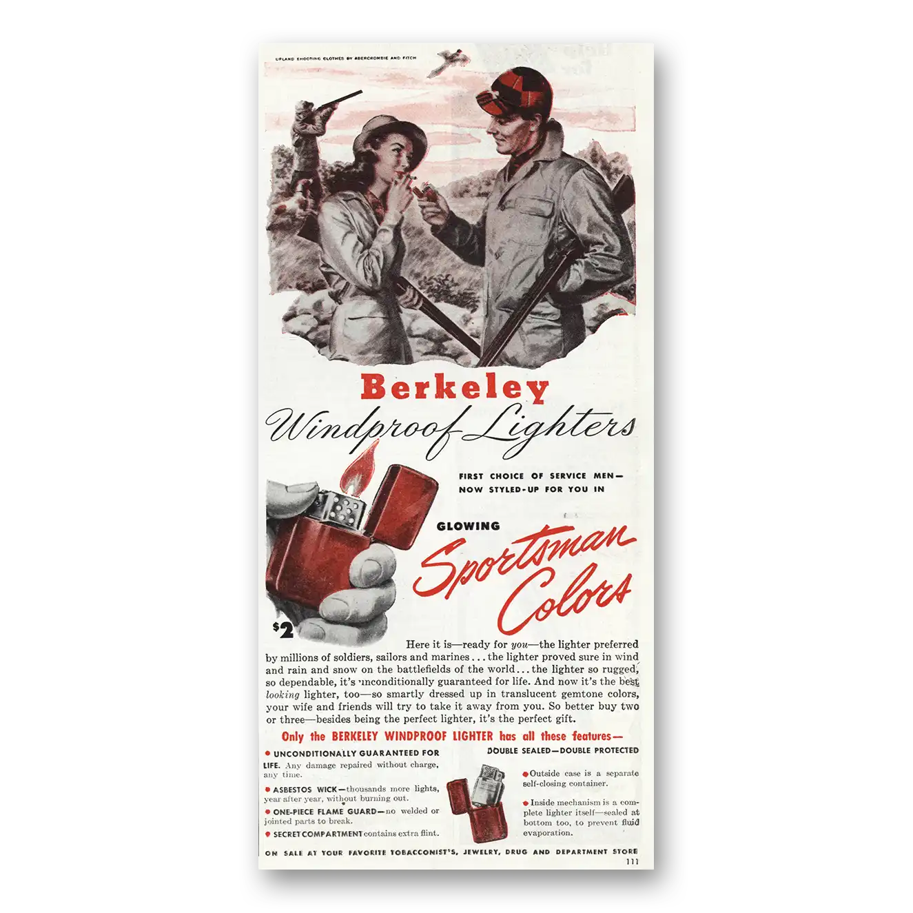 1945 Berkeley Windproof Lighters Sportsman Colors Vintage Magazine Print Ad