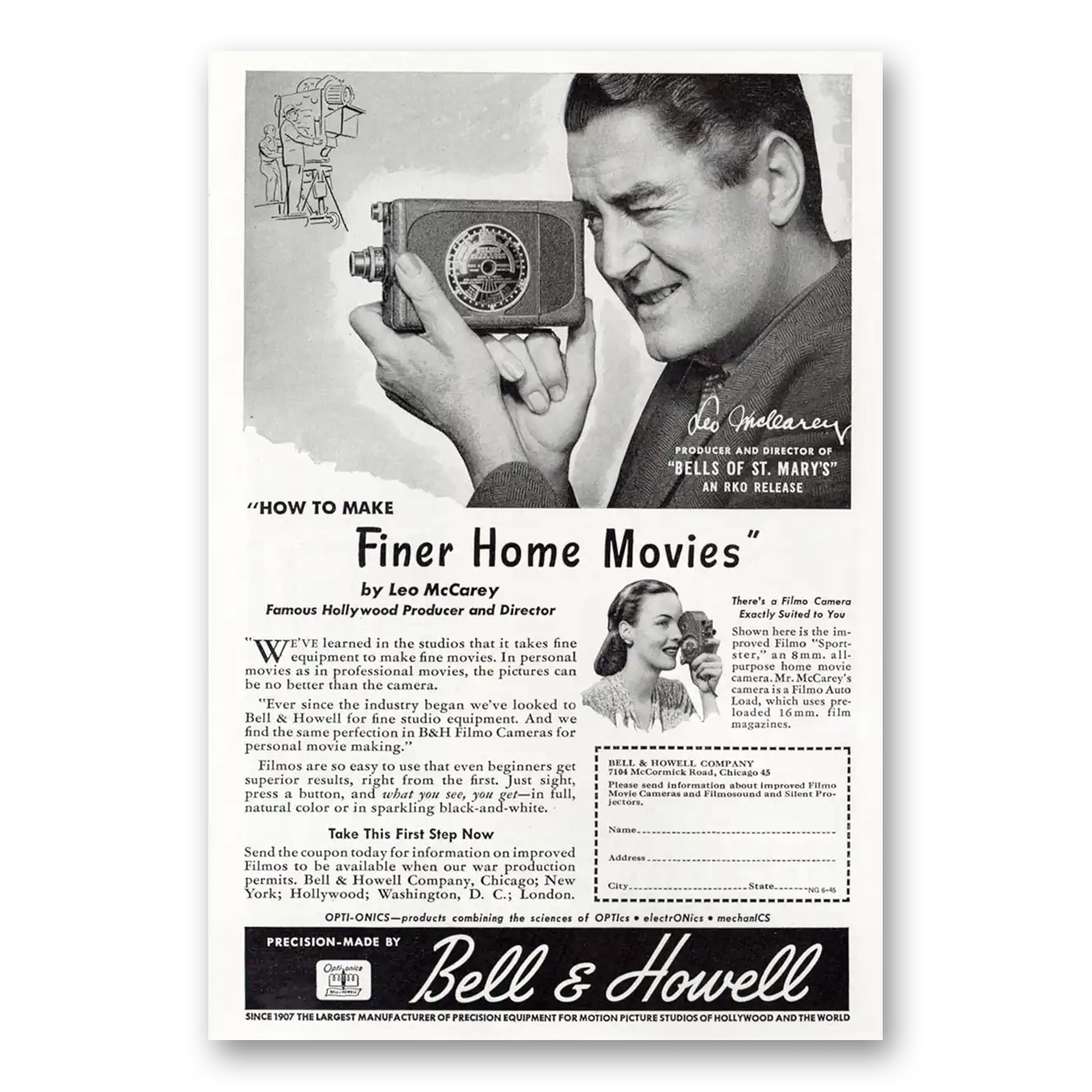 1945 Filmo Camera Finer Home Movies Leo McCarey Vintage Magazine Print Ad