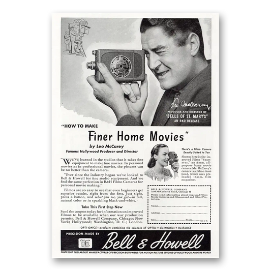 1945 Filmo Camera Finer Home Movies Leo McCarey Vintage Magazine Print Ad