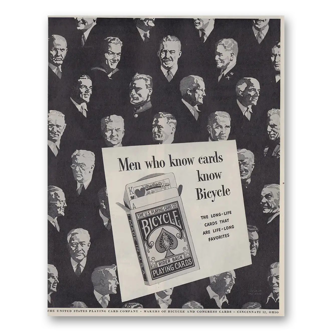 1945 United States Playing Card Men Who Know Cards Play Bicycle Vintage Magazine Print Ad