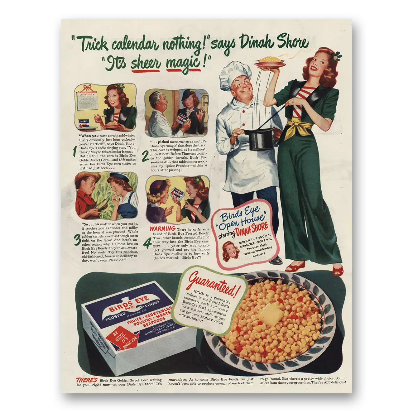 1945 Birds Eye Trick Calendar Dinah Shore Vintage Magazine Print Ad