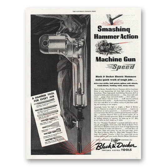 1945 Black and Decker Tools Smashing Hammer Action Vintage Magazine Print Ad