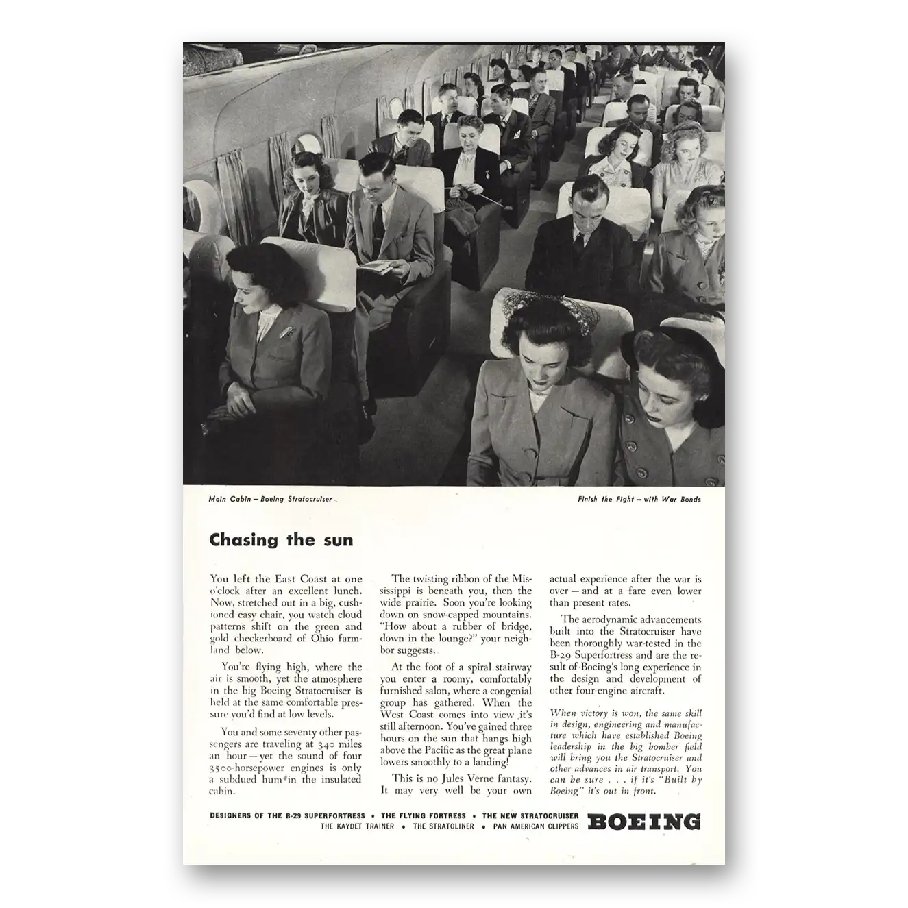 1945 Boeing Stratocruiser Chasing the Sun Main Cabin Stratocruiser Vintage Magazine Print Ad