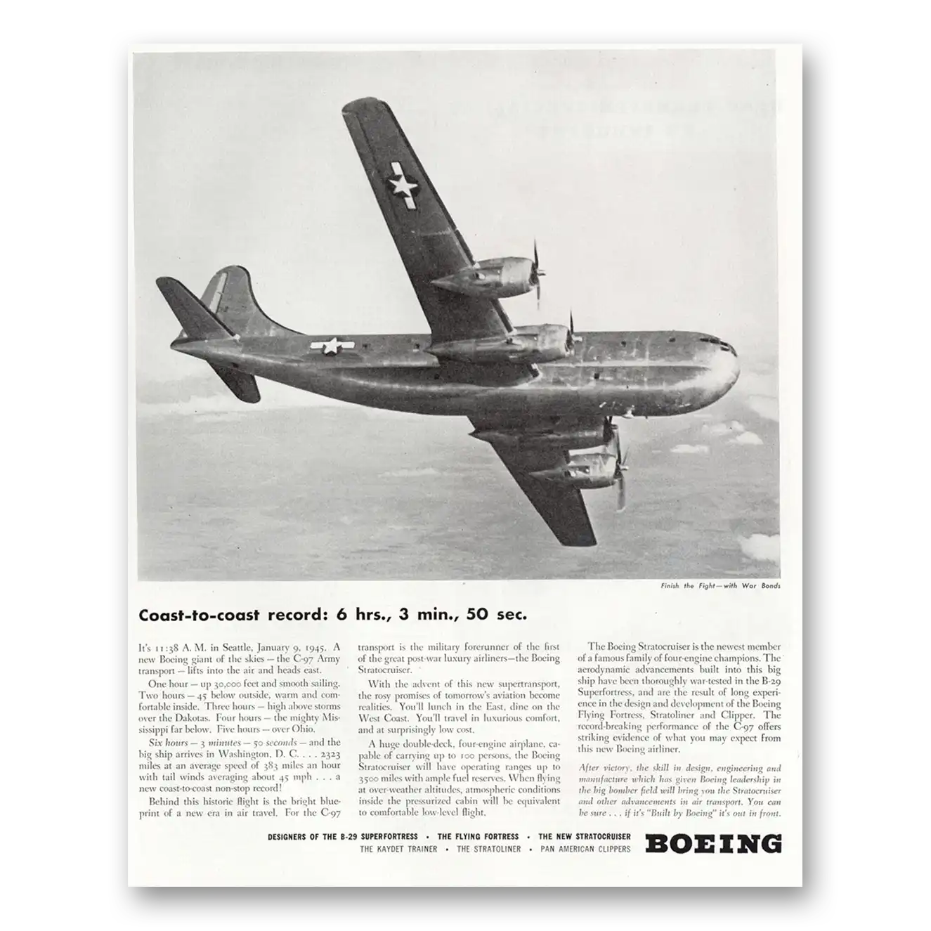 1945 Boeing Stratocruiser Coast to Coast Record Vintage Magazine Print Ad