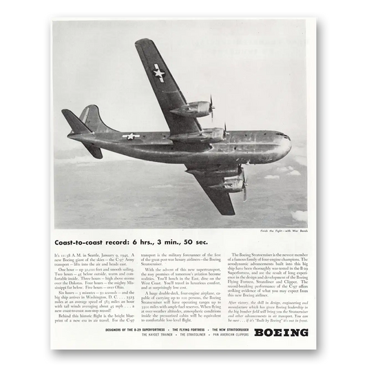 1945 Boeing Stratocruiser Coast to Coast Record Vintage Magazine Print Ad