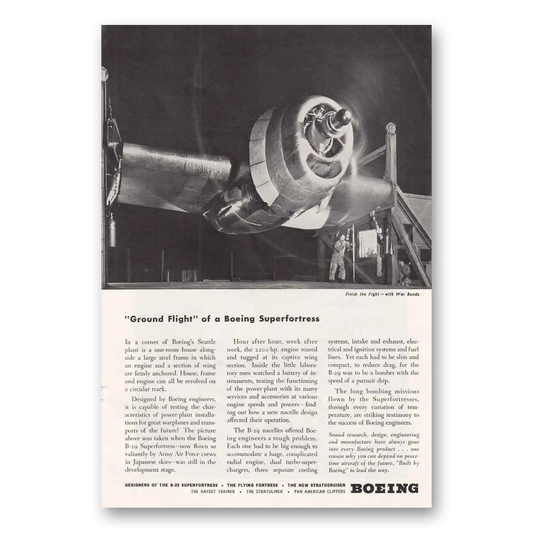 1945 Boeing Superfortress Ground Flight of Boeing Superfortress Vintage Magazine Print Ad