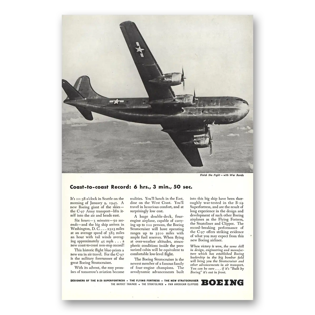 1945 Boeing Stratocruiser Coast to Coast Record Vintage Magazine Print Ad