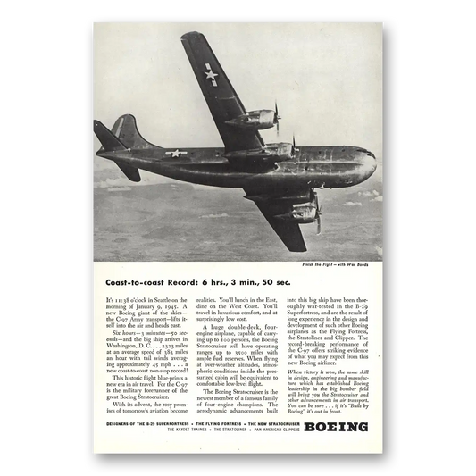 1945 Boeing Stratocruiser Coast to Coast Record Vintage Magazine Print Ad