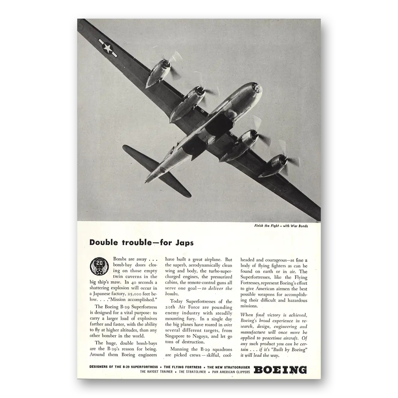 1945 Boeing Superfortress Double Trouble for Japs Vintage Magazine Print Ad