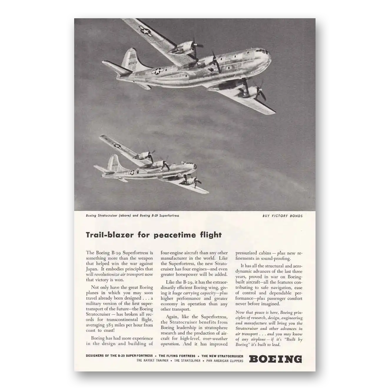 1945 Boeing Stratocruiser Trail Blazer for Peacetime Flight Vintage Magazine Print Ad