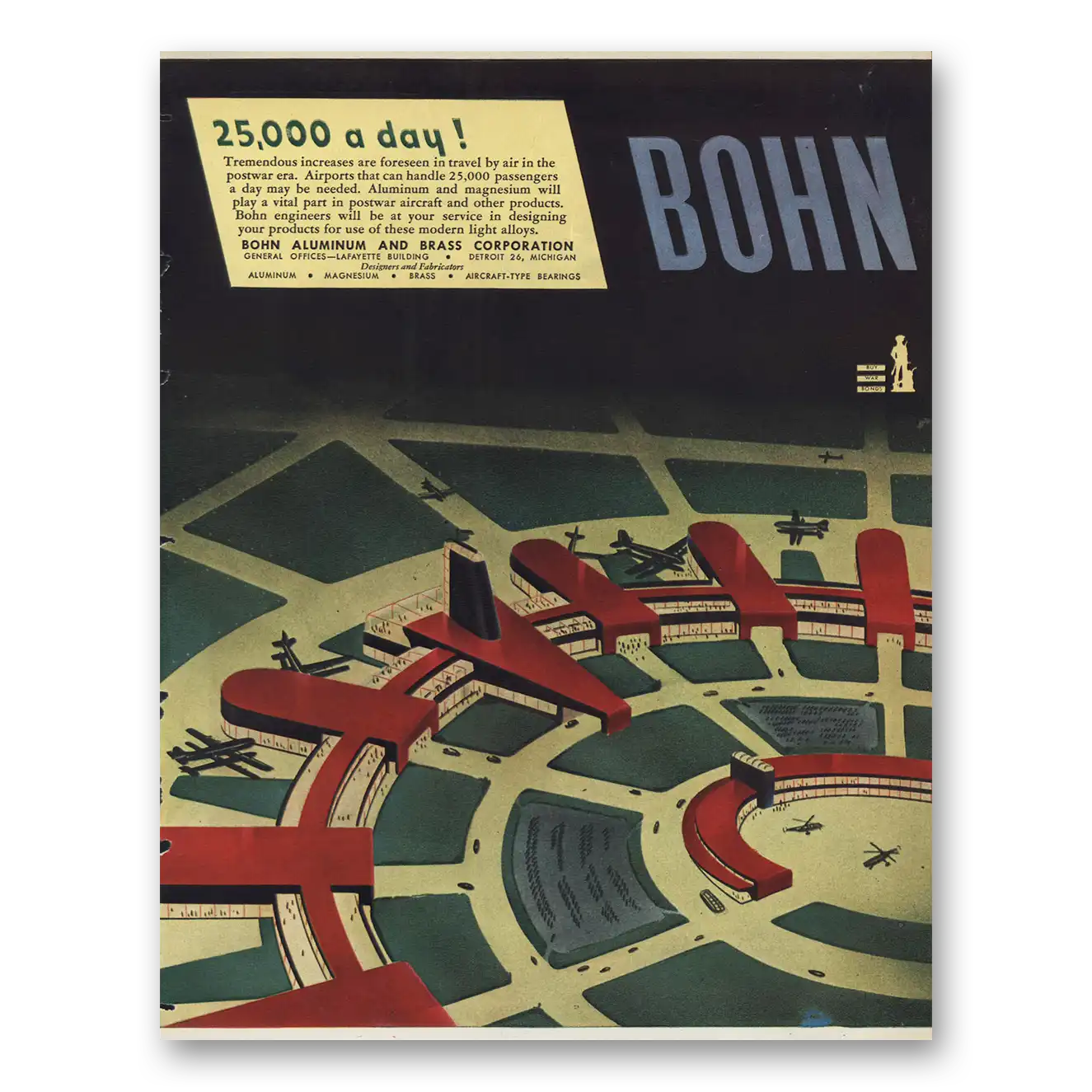 1945 Bohn Aluminum and Brass Airports Can Handle 25000 Passengers Vintage Magazine Print Ad