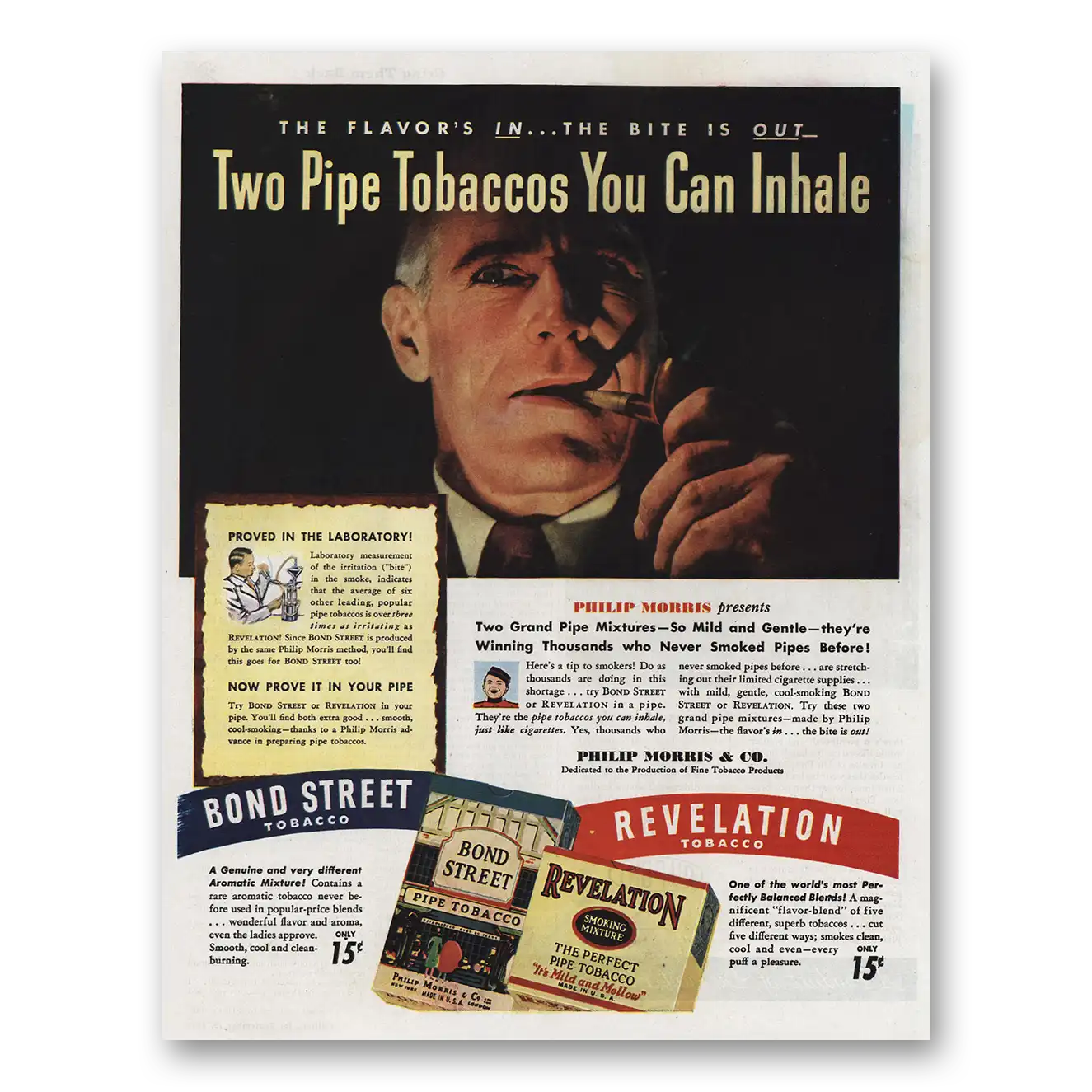 1945 Philip Morris Bond Street and Revelation Tobacco Vintage Magazine Print Ad