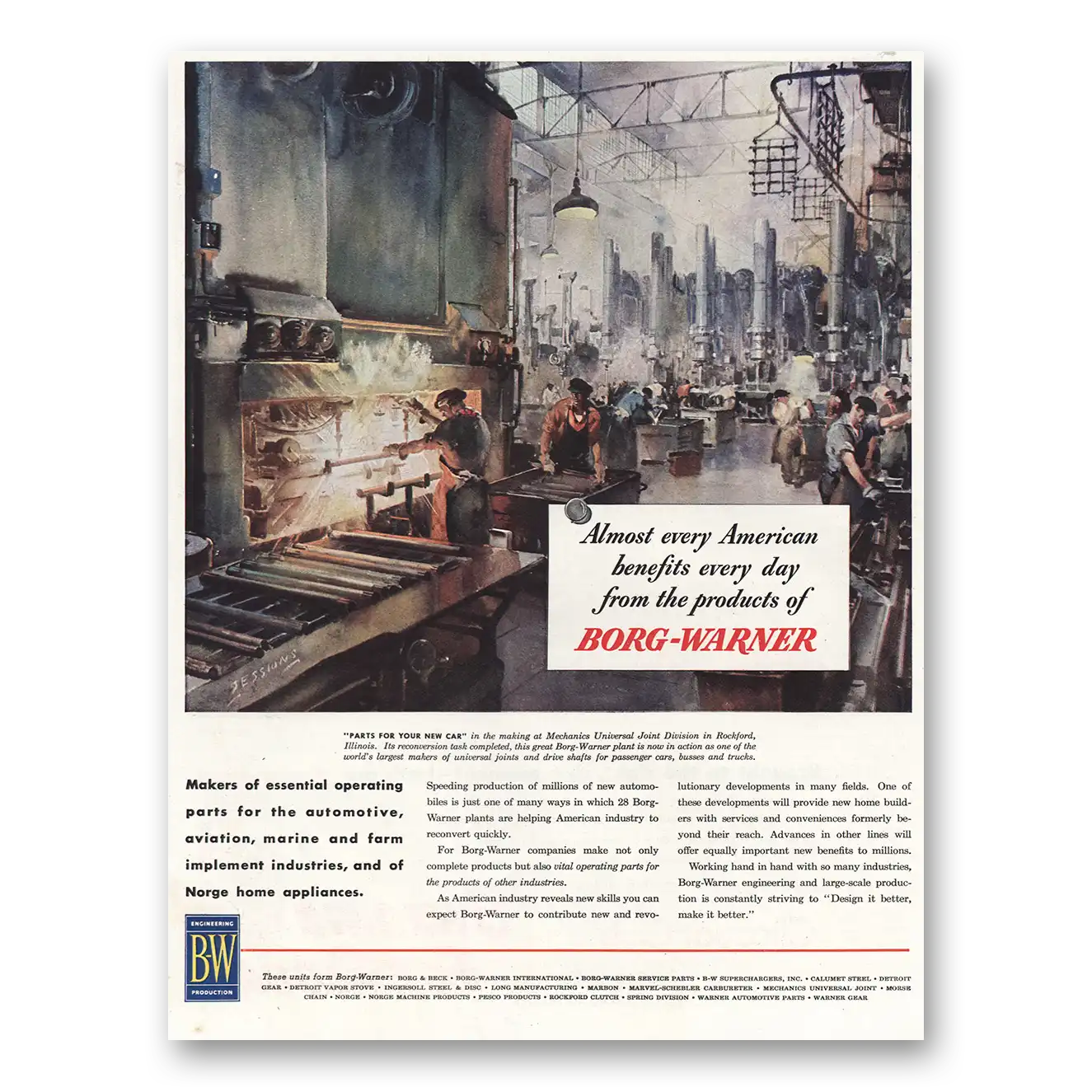 1945 Borg-Warner Almost Every American Benefits Vintage Magazine Print Ad