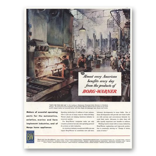 1945 Borg-Warner Almost Every American Benefits Vintage Magazine Print Ad