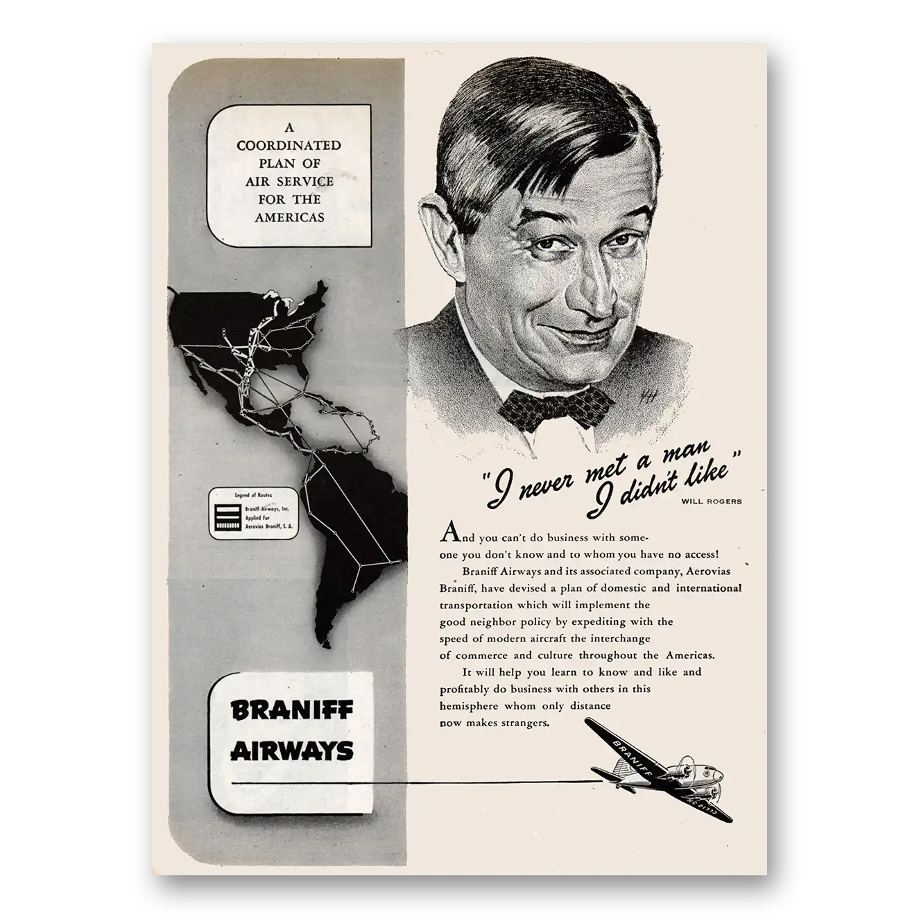 1945 Braniff International Airways Will Rogers I Never Met a Man I Didn't Like Vintage Magazine Print Ad