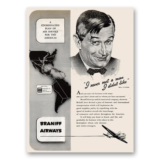 1945 Braniff International Airways Will Rogers I Never Met a Man I Didn't Like Vintage Magazine Print Ad