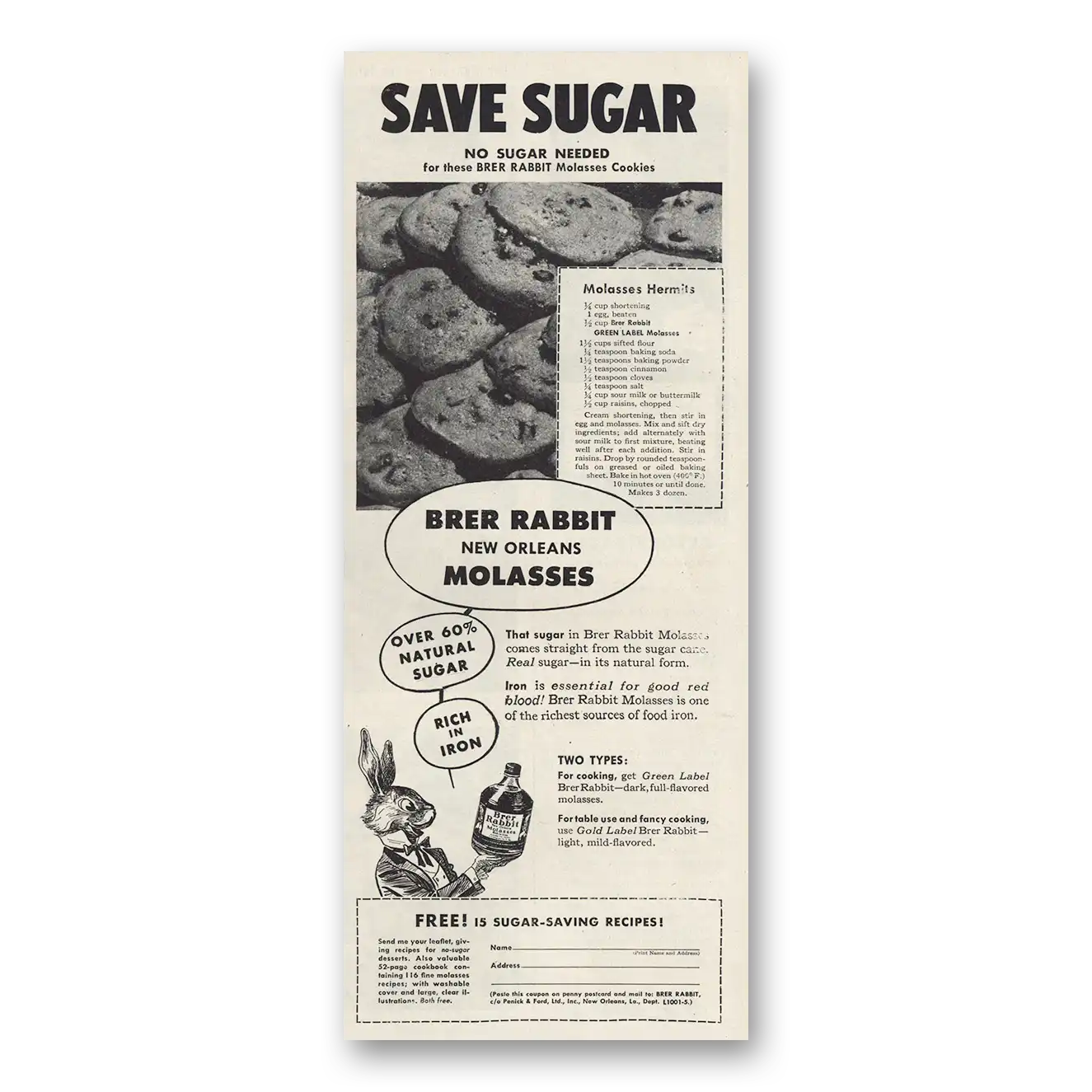 1945 Brer Rabbit Molasses New Orleans Molasses Save Sugar Vintage Magazine Print Ad