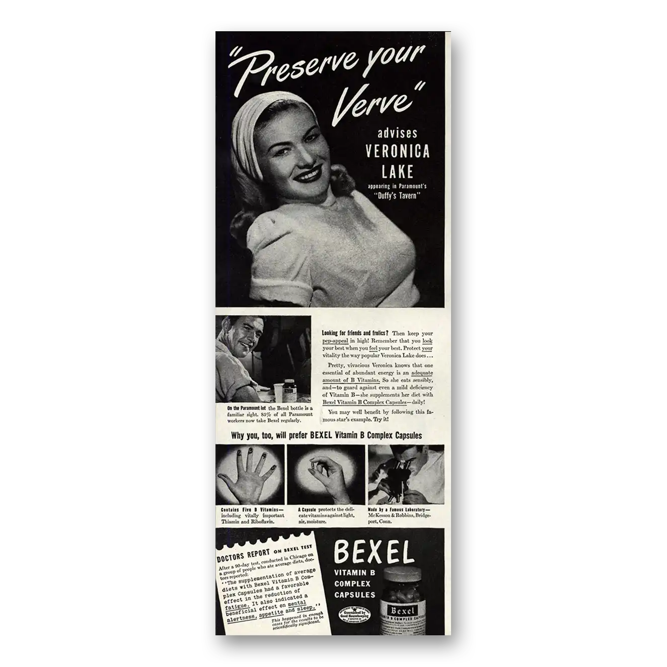 1945 Bexel Vitamin B Veronica Lake Preserve Your Verve Vintage Magazine Print Ad