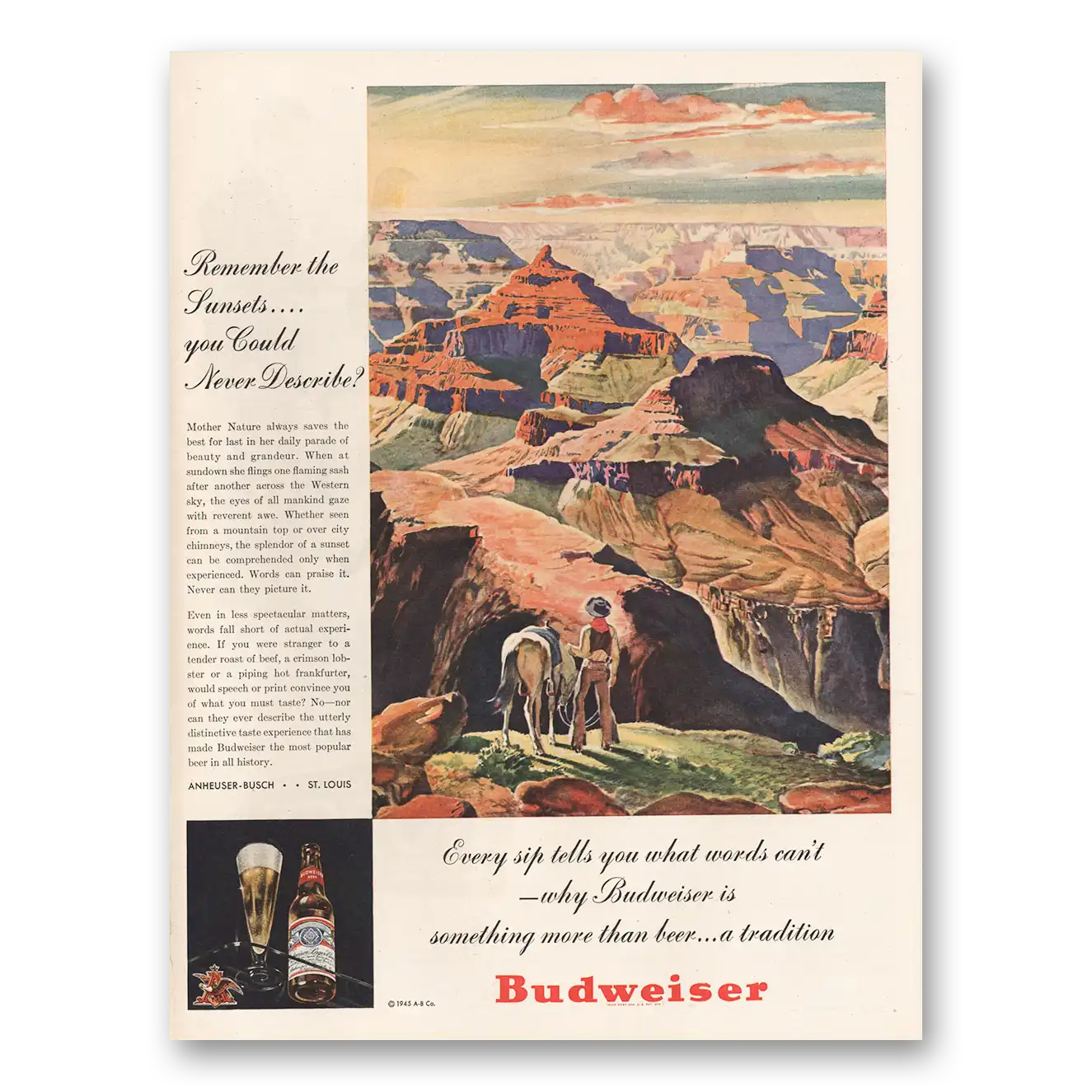 1945 Budweiser Beer Remember the Sunsets Vintage Magazine Print Ad